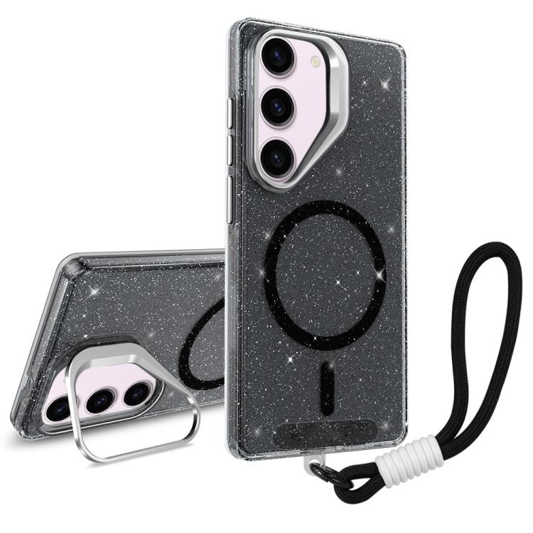 

For Samsung Galaxy S23+ 5G Camera Bracket Glitter Magnetic Phone Case with Lanyard(Black)