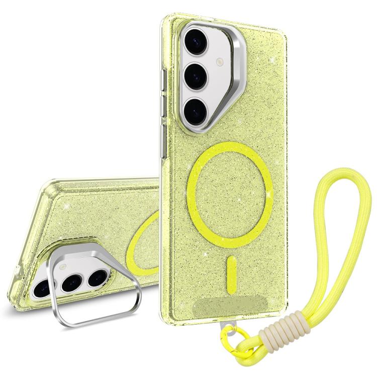 

For Samsung Galaxy S24 5G Camera Bracket Glitter Magnetic Phone Case with Lanyard(Yellow)