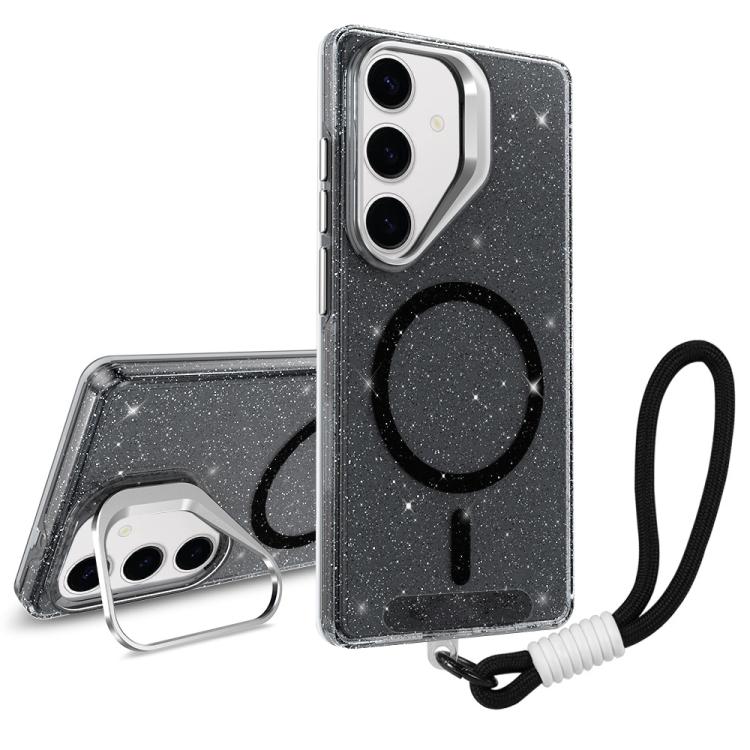 

For Samsung Galaxy S24+ 5G Camera Bracket Glitter Magnetic Phone Case with Lanyard(Black)