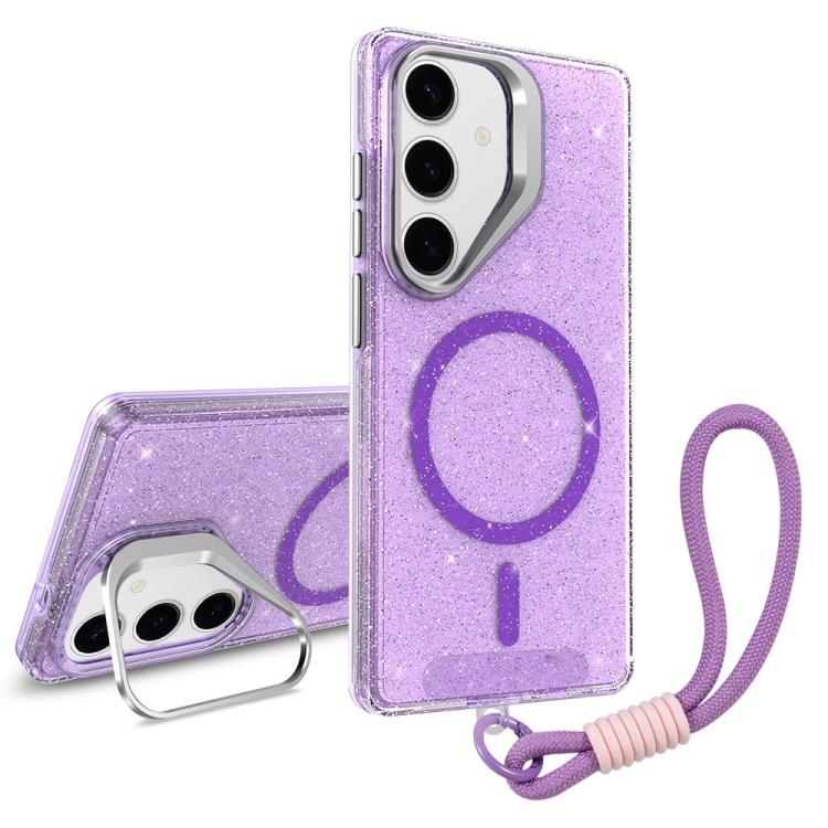 

For Samsung Galaxy S24+ 5G Camera Bracket Glitter Magnetic Phone Case with Lanyard(Purple)