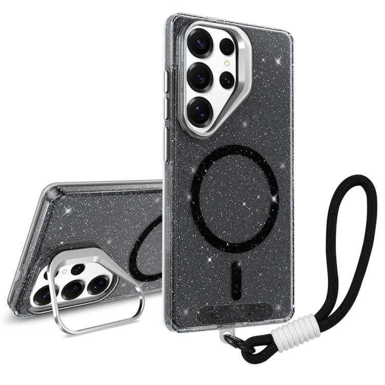 

For Samsung Galaxy S24 Ultra 5G Camera Bracket Glitter Magnetic Phone Case with Lanyard(Black)