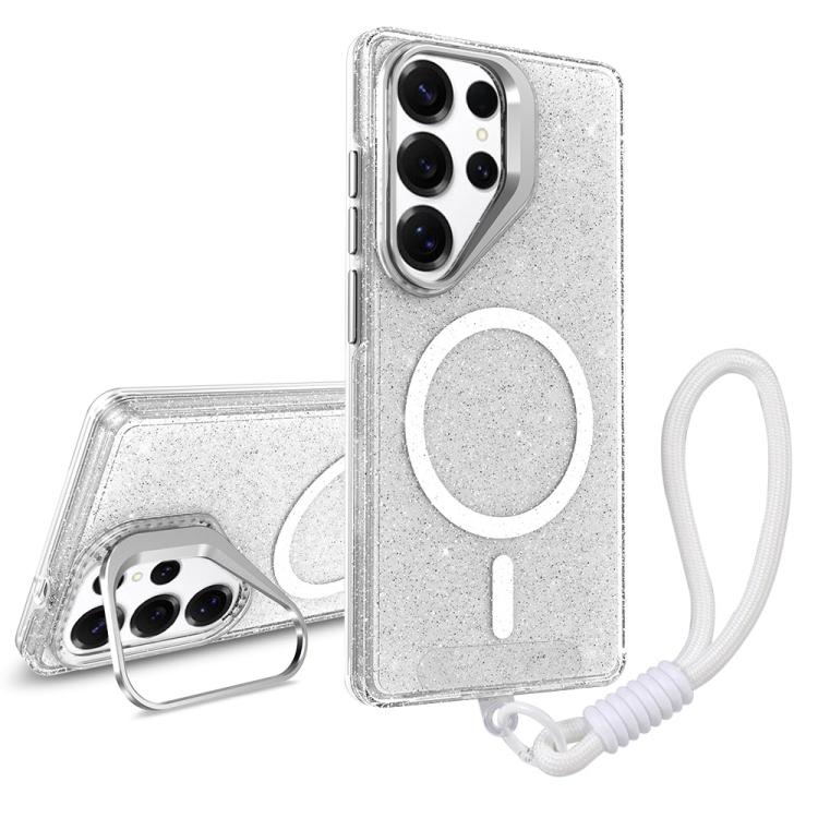 

For Samsung Galaxy S24 Ultra 5G Camera Bracket Glitter Magnetic Phone Case with Lanyard(White)