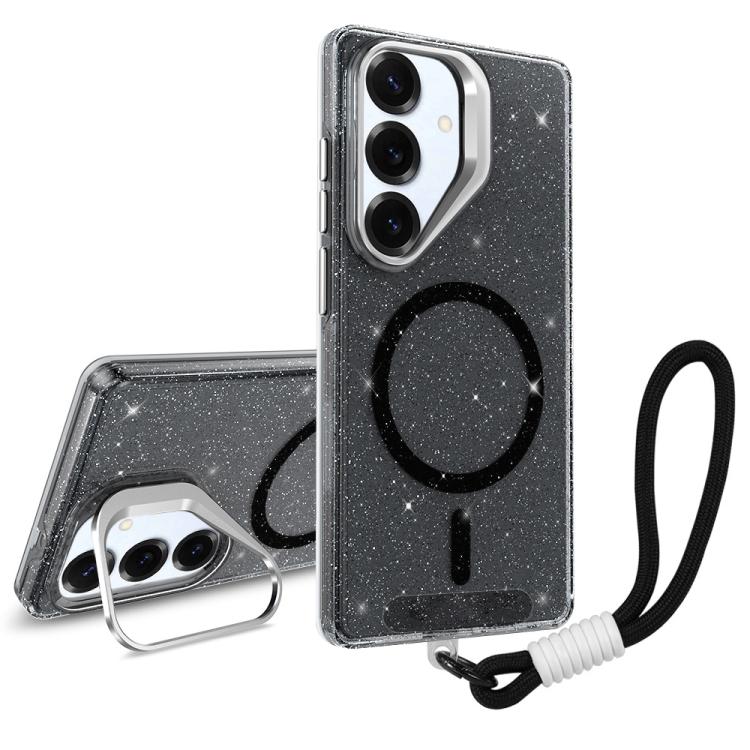 

For Samsung Galaxy S25 5G Camera Bracket Glitter Magnetic Phone Case with Lanyard(Black)