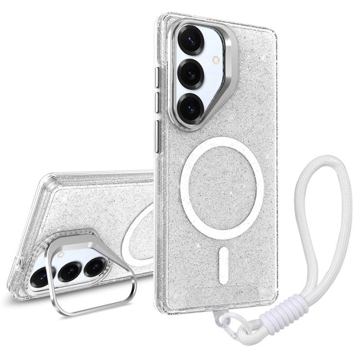 

For Samsung Galaxy S25 5G Camera Bracket Glitter Magnetic Phone Case with Lanyard(White)