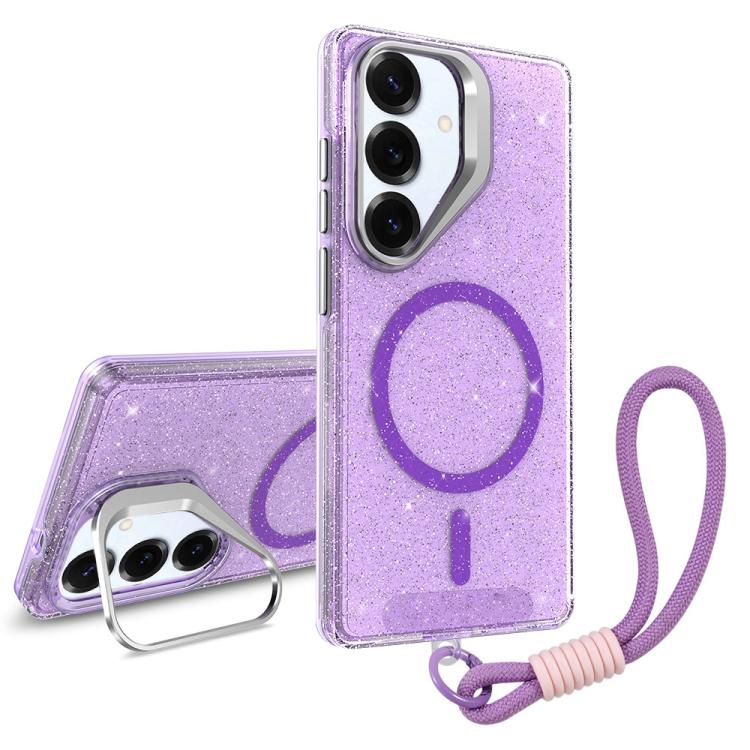 

For Samsung Galaxy S25 5G Camera Bracket Glitter Magnetic Phone Case with Lanyard(Purple)