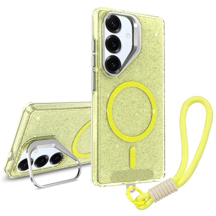 

For Samsung Galaxy S25 FE 5G Camera Bracket Glitter Magnetic Phone Case with Lanyard(Yellow)