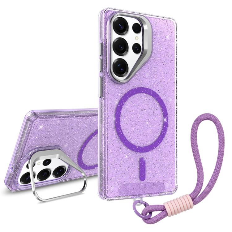 

For Samsung Galaxy S25 Ultra 5G Camera Bracket Glitter Magnetic Phone Case with Lanyard(Purple)
