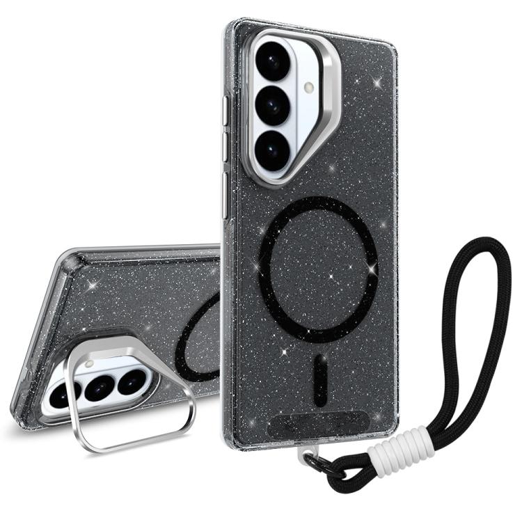 

For Samsung Galaxy S26+ 5G Camera Bracket Glitter Magnetic Phone Case with Lanyard(Black)
