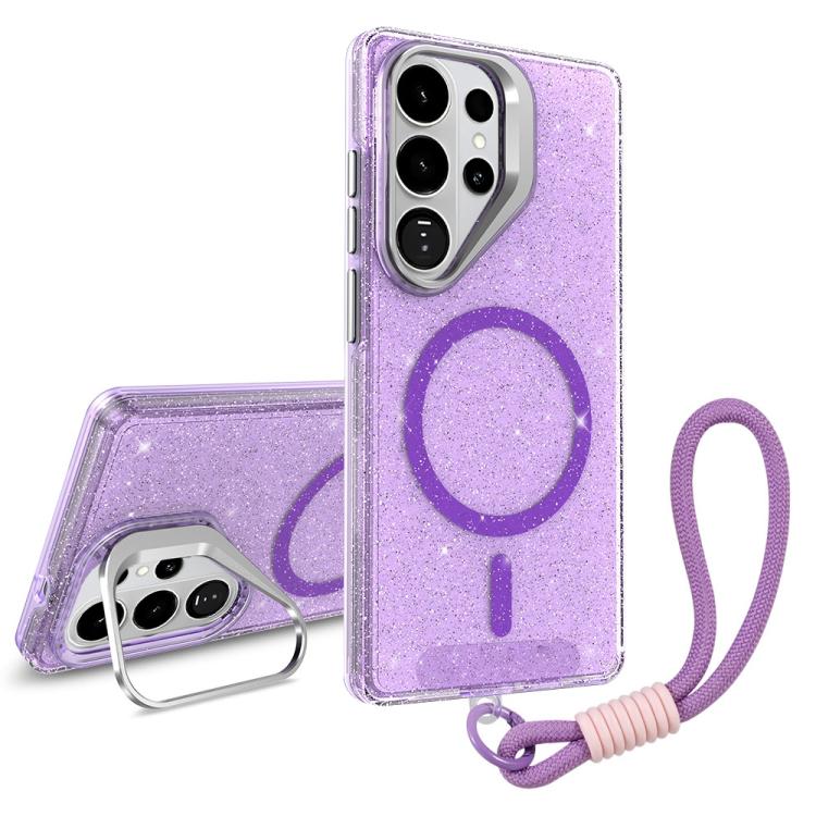 

For Samsung Galaxy S26 Ultra 5G Camera Bracket Glitter Magnetic Phone Case with Lanyard(Purple)