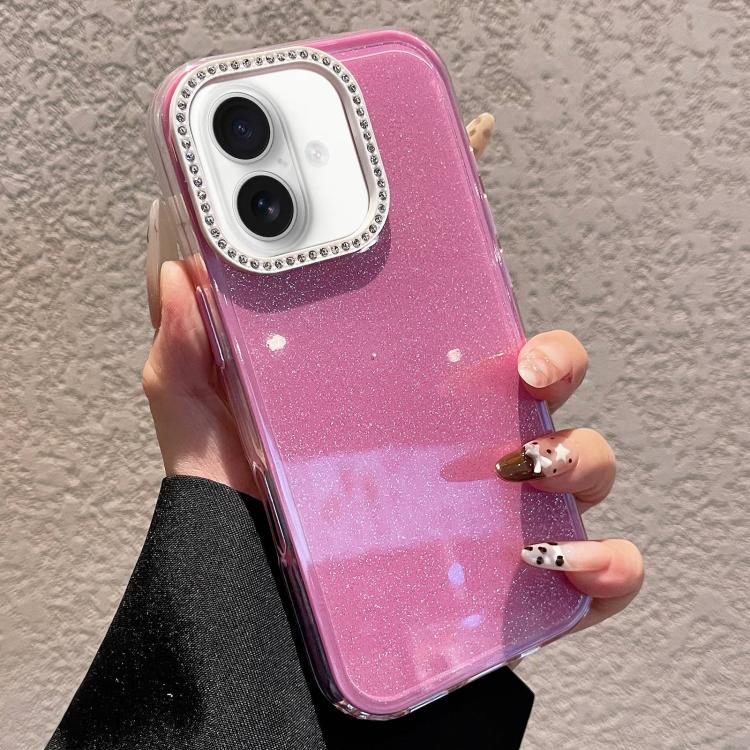 For iPhone 16 Solid Color Glitter & Rhinestone Design Phone Case(Rose Red)
