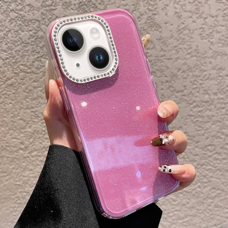 For iPhone 15 Plus Solid Color Glitter & Rhinestone Design Phone Case(Rose Red)