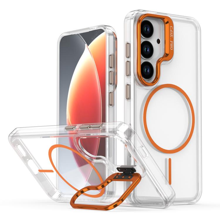 

For Samsung Galaxy S26 5G Bright Color Clear MagSafe Lens Frame Holder Phone Case(Orange)