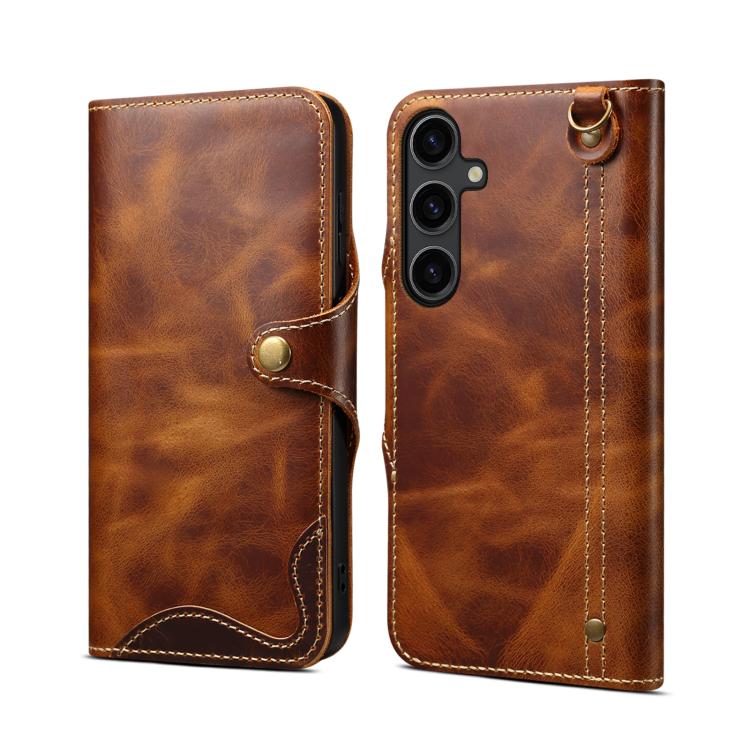 

For Samsung Galaxy S26 5G Denior B01 Oil Wax Cowhide Magnetic Button Genuine Leather Case(Brown)