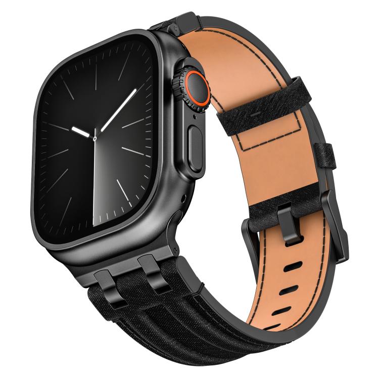 

For Apple Watch 46mm / 49mm / 45mm / 44mm Denim Stitching Vegan Leather Watch Band(Full Black)