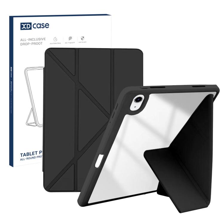 For iPad 2025 / 2022 XDcase Rice Grain Texture Y-fold Holder Smart Tablet Leather Case with Pen Slot(Black)