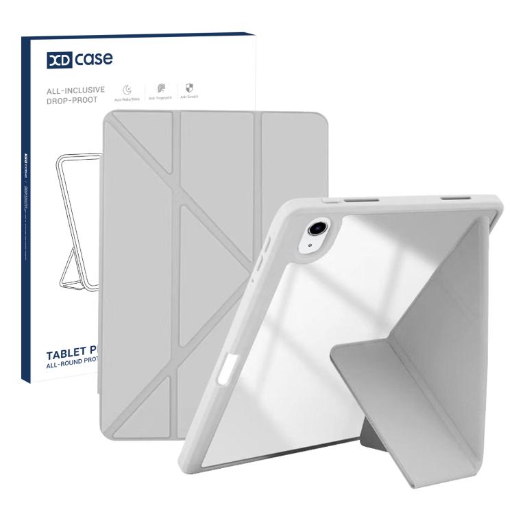 For iPad 2025 / 2022 XDcase Rice Grain Texture Y-fold Holder Smart Tablet Leather Case with Pen Slot(Grey)