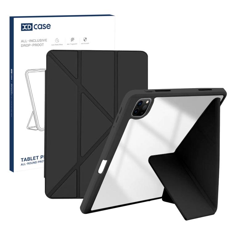 For iPad Pro 12.9 inch 2022 / 2021 / 2020 XDcase Rice Grain Texture Y-fold Holder Smart Tablet Leather Case with Pen Slot(Black)