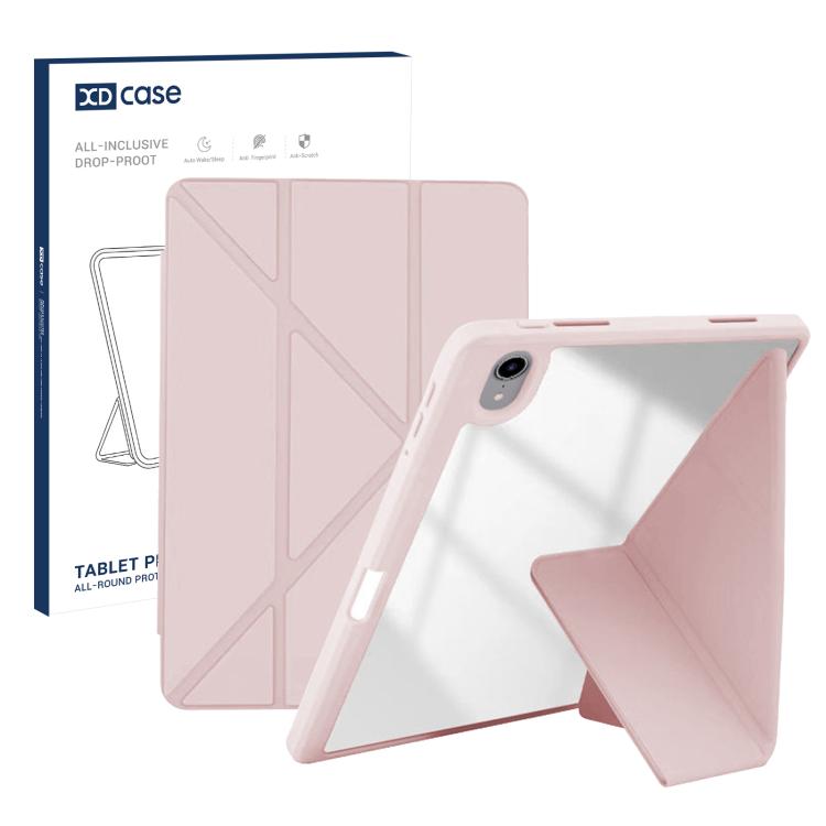 For iPad mini 2024 / 2021 XDcase Rice Grain Texture Y-fold Holder Smart Tablet Leather Case with Pen Slot(Pink)