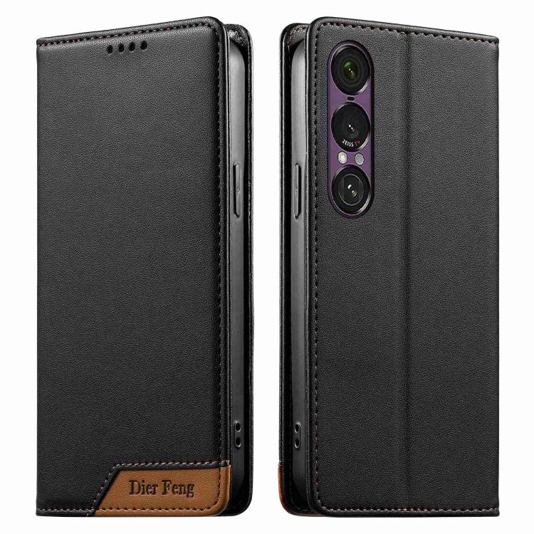 For Sony Xperia 1 VII Dierfeng Splicing Strong Magnetic RFID Vegan Leather Phone Case(Black)