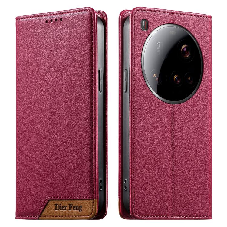 

For Xiaomi 15 Ultra Dierfeng Splicing Strong Magnetic RFID Vegan Leather Phone Case(Red)