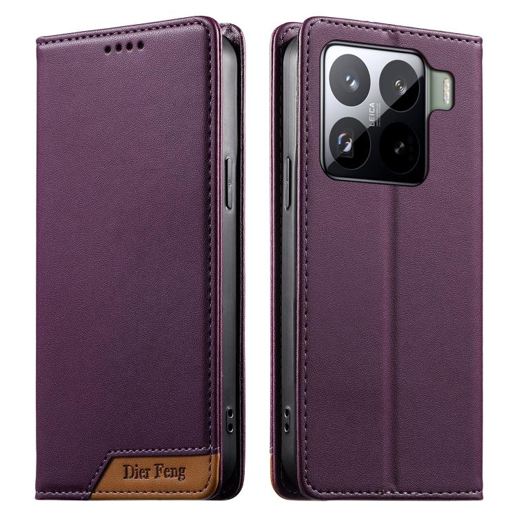 

For Xiaomi 15 Pro Dierfeng Splicing Strong Magnetic RFID Vegan Leather Phone Case(Purple)