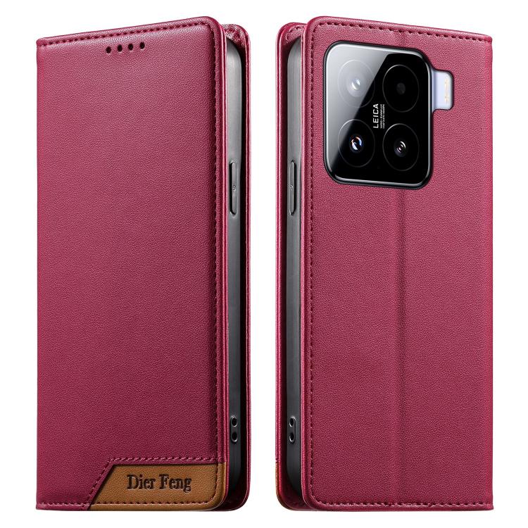 

For Xiaomi 15 Dierfeng Splicing Strong Magnetic RFID Vegan Leather Phone Case(Red)