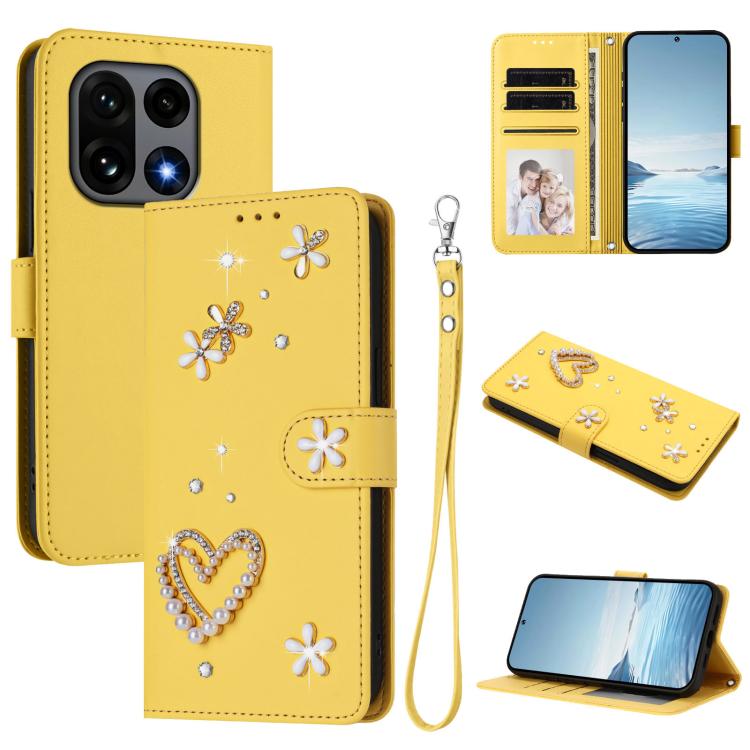 

For OnePlus 15 ZS01 Double-Layer Heart Floral Vegan Leather Phone Case with Wrist Strap(Yellow)