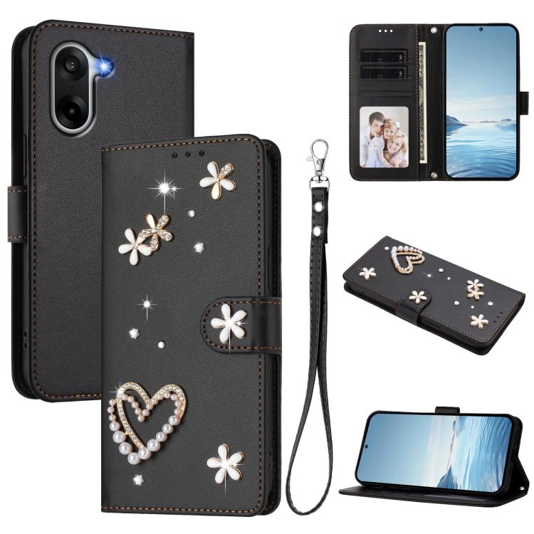 

For OnePlus Nord CE5 / Ace 5 Racing ZS01 Double-Layer Heart Floral Vegan Leather Phone Case with Wrist Strap(Black)