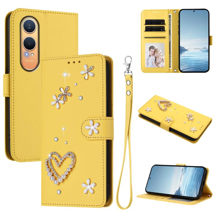 

For OnePlus Nord CE4 Lite 5G Global ZS01 Double-Layer Heart Floral Vegan Leather Phone Case with Wrist Strap(Yellow)