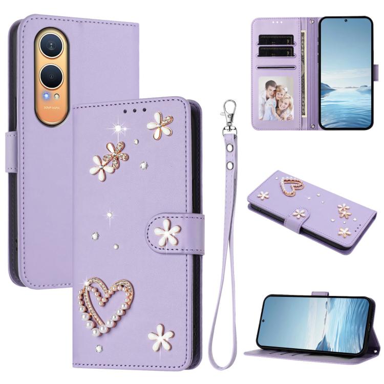 

For OnePlus Nord CE4 Lite 5G Global ZS01 Double-Layer Heart Floral Vegan Leather Phone Case with Wrist Strap(Light Purple)
