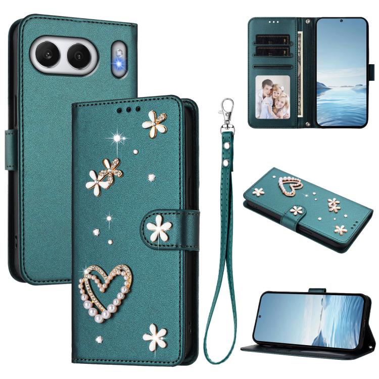 

For OnePlus Nord 4 5G Global ZS01 Double-Layer Heart Floral Vegan Leather Phone Case with Wrist Strap(Dark Green)