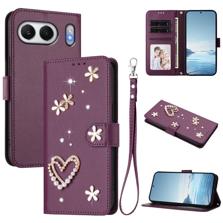 

For OnePlus Nord 4 5G Global ZS01 Double-Layer Heart Floral Vegan Leather Phone Case with Wrist Strap(Violet)