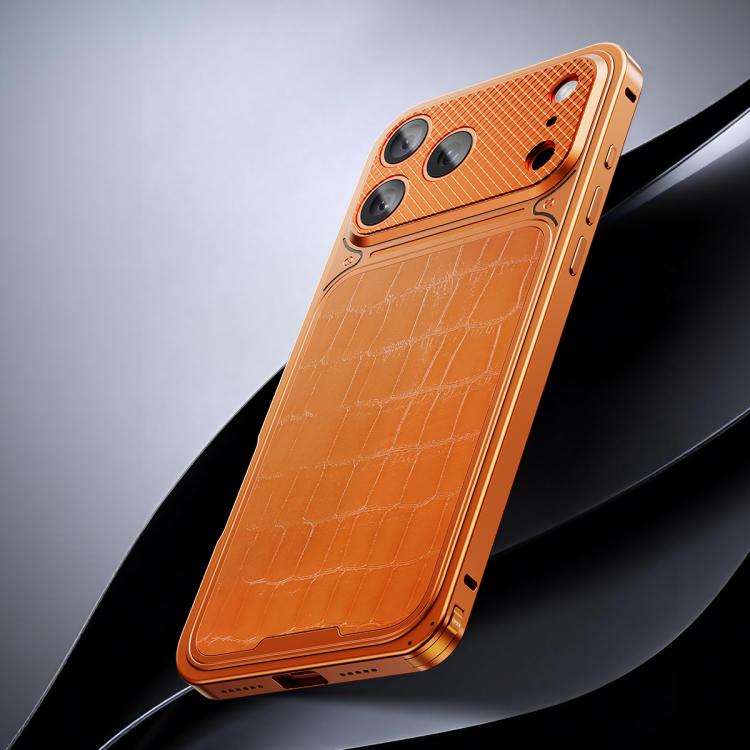 For iPhone 17 Pro Max Luxury Leather-Texture Magnetic Metal Phone Case with Spring Buckle(Orange)