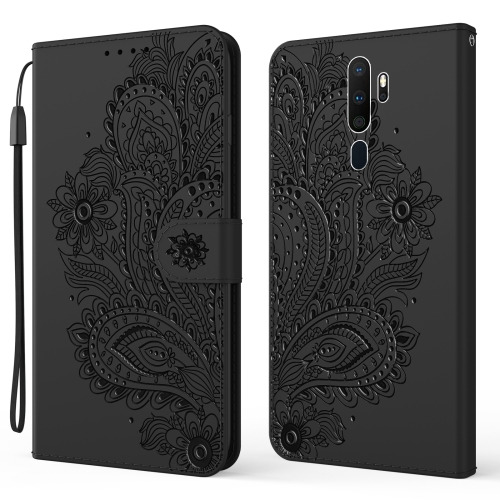 

For OPPO A9 (2020) / A5 (2020) Peacock Embossed Pattern Horizontal Flip Leather Case with Holder & Card Slots & Wallet & Lanyard(Black)