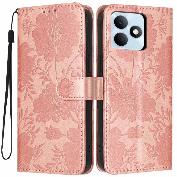 

For Realme Note 80 4G Sunflower Embossed Leather Phone Case with Small Black Rope(Rose Gold)