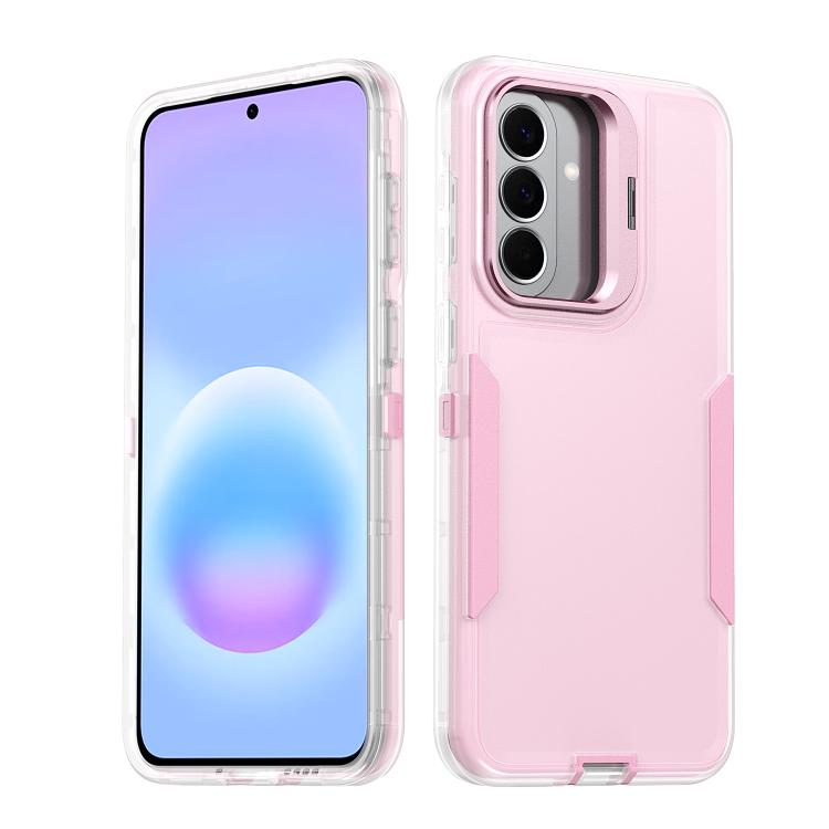 

For Samsung Galaxy A57 5G Traveler Lens Frame Holder Phone Case(Semi-transparent Pink)