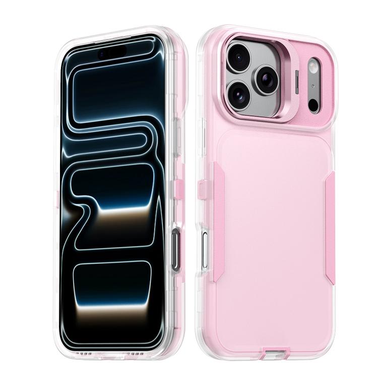 

For iPhone 17 Pro Max Traveler Lens Frame Holder Phone Case(Semi-transparent Pink)