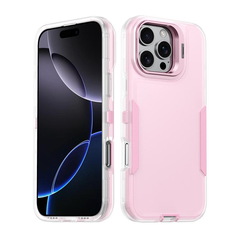 

For iPhone 16 Pro Traveler Lens Frame Holder Phone Case(Semi-transparent Pink)