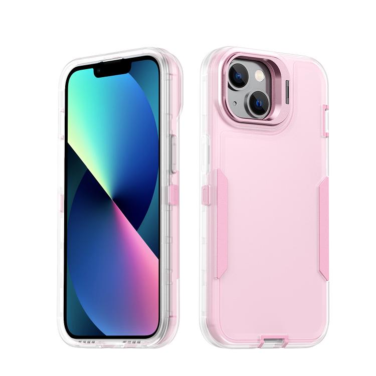 

For iPhone 15 Plus / 14 Plus Traveler Lens Frame Holder Phone Case(Semi-transparent Pink)
