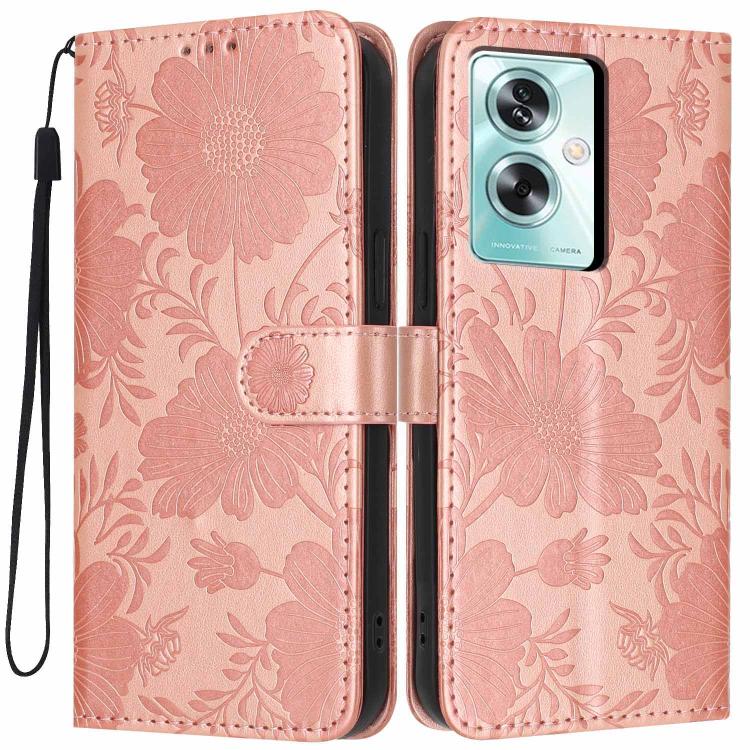 

For OPPO A79 5G Global Sunflower Embossed Leather Phone Case with Small Black Rope(Rose Gold)