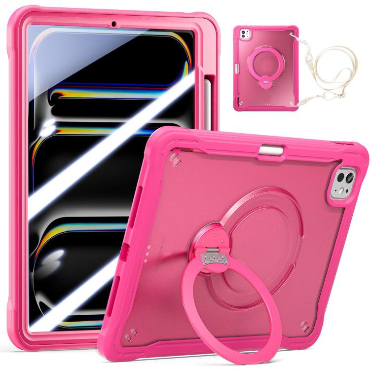 For iPad Pro 11 2025 / 2024 Powerful Sailor Metal Holder Hybrid Tablet Case with Strap & Glass Film(Rose Red)