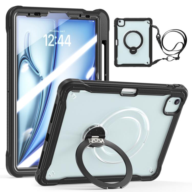 For iPad Air 11 2026 / 2025 / 2024 Powerful Sailor Metal Holder Hybrid Tablet Case with Strap & Glass Film(Black Clear)