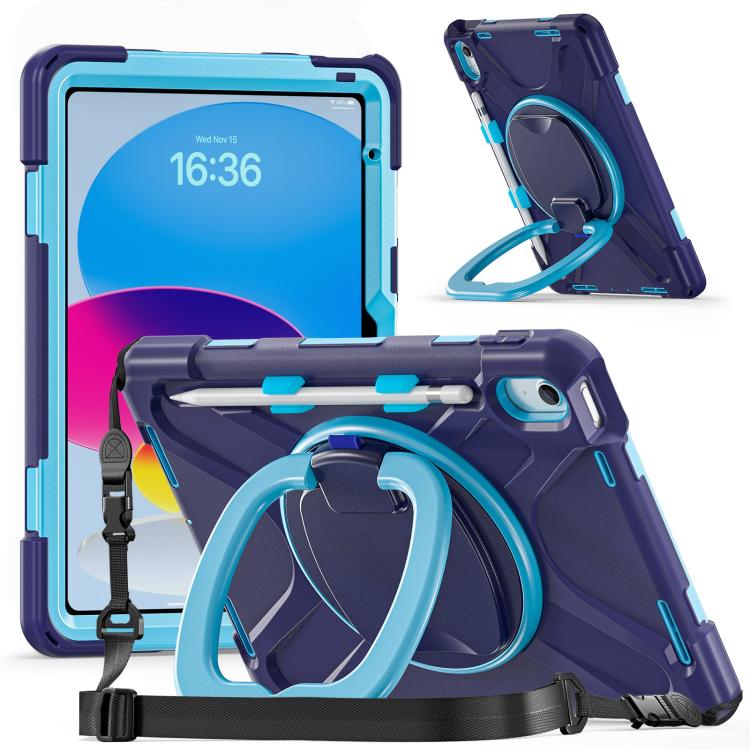 

For iPad 2025 / 2022 Silicone Hybrid PC Tablet Case with Holder & Shoulder Strap(Navy Blue Blue)