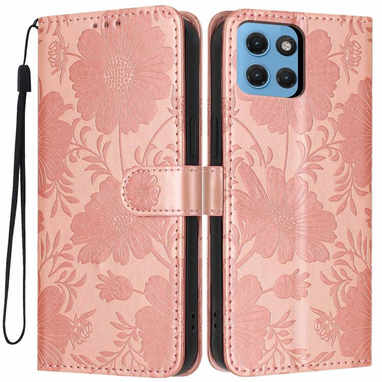 

For Motorola Moto G17 Power 4G Sunflower Embossed Leather Phone Case with Small Black Rope(Rose Gold)
