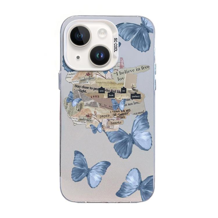 

For iPhone 14 Butterfly Pattern Silver Plating PC Hybrid TPU Phone Case(Retro Blue)