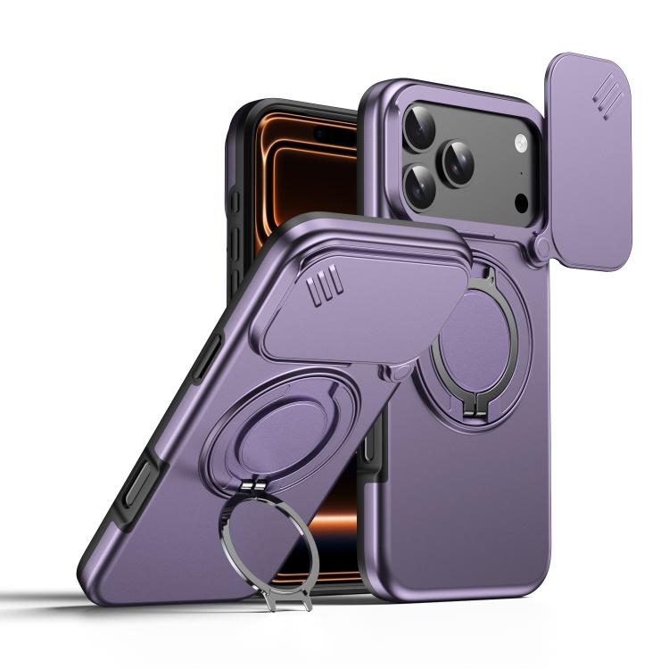 

For iPhone 17 Pro Camera Sliding Shield Magnetic Rotation Holder Phone Case(Purple)