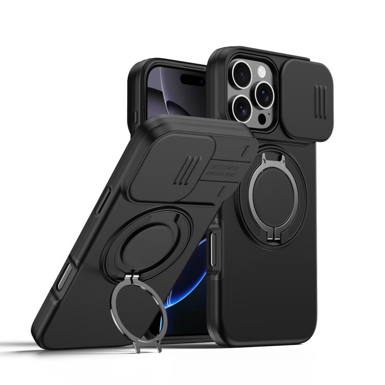 

For iPhone 16 Pro Max Camera Sliding Shield Magnetic Rotation Holder Phone Case(Black)