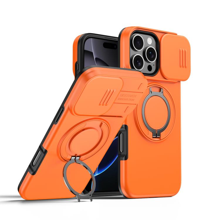 

For iPhone 16 Pro Max Camera Sliding Shield Magnetic Rotation Holder Phone Case(Orange)
