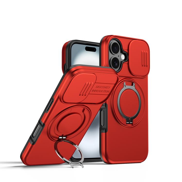 For iPhone 16 Plus Camera Sliding Shield Magnetic Rotation Holder Phone Case(Red)
