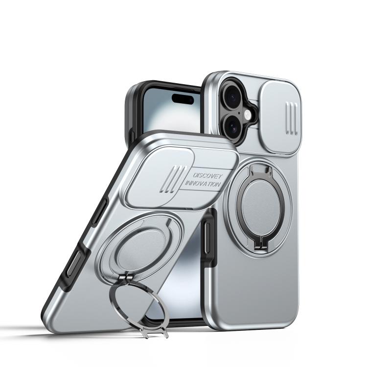 For iPhone 16 Camera Sliding Shield Magnetic Rotation Holder Phone Case(Silver)